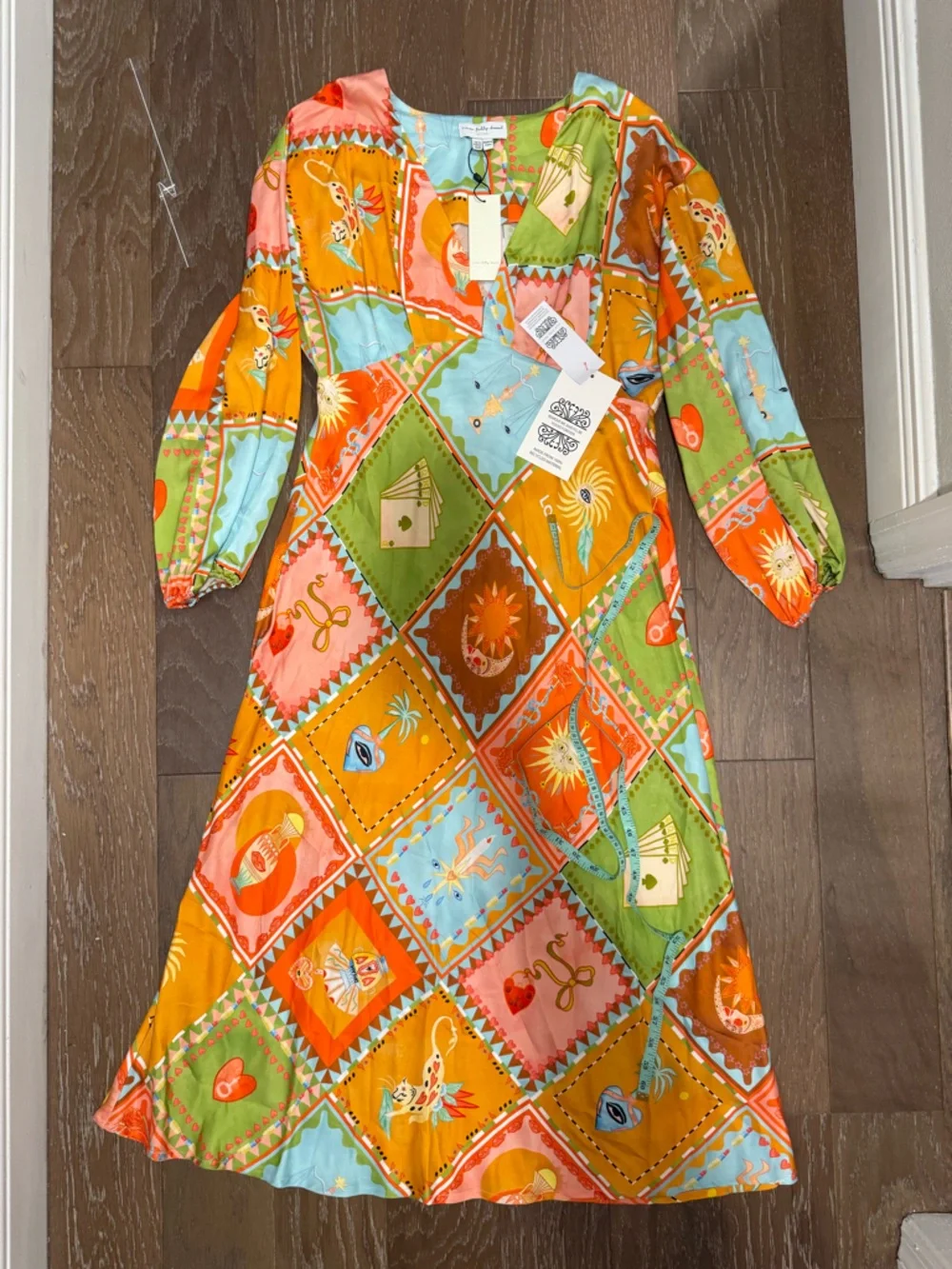 Never Fully Dressed Orange Multi Patchwork Midi Dress - Picture 2 of 14